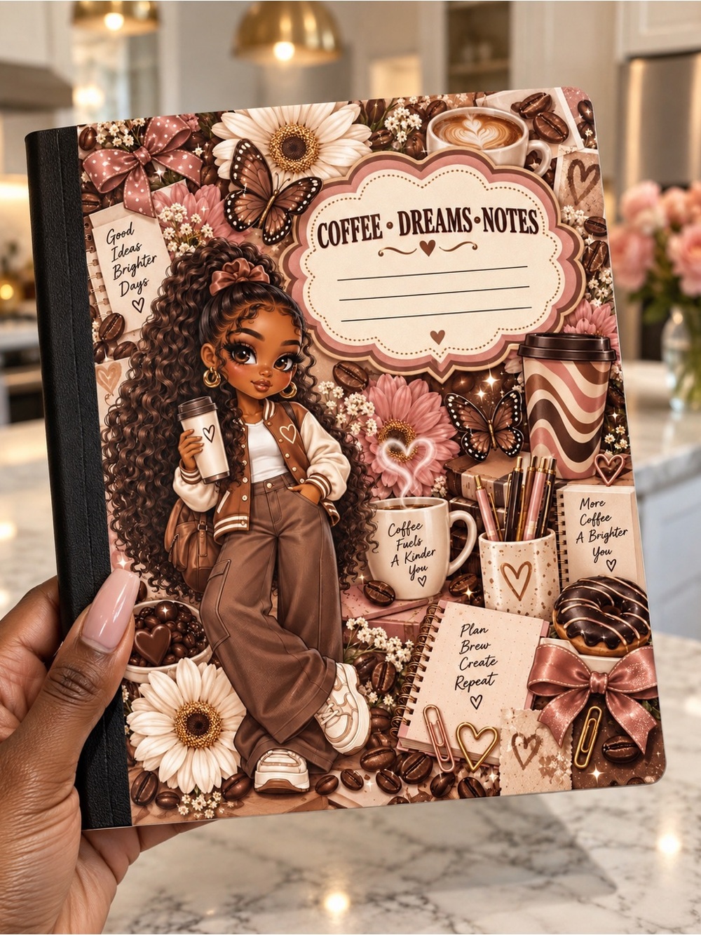 Coffee Dreams Notes Hardcover Journal — Brown Floral & Butterfly Design